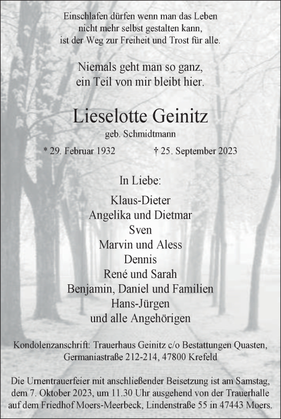 Traueranzeige von Lieselotte Geinitz von Tageszeitung