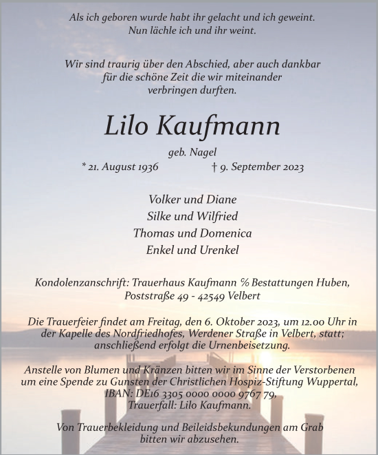 Traueranzeige von Lilo Kaufmann von Tageszeitung