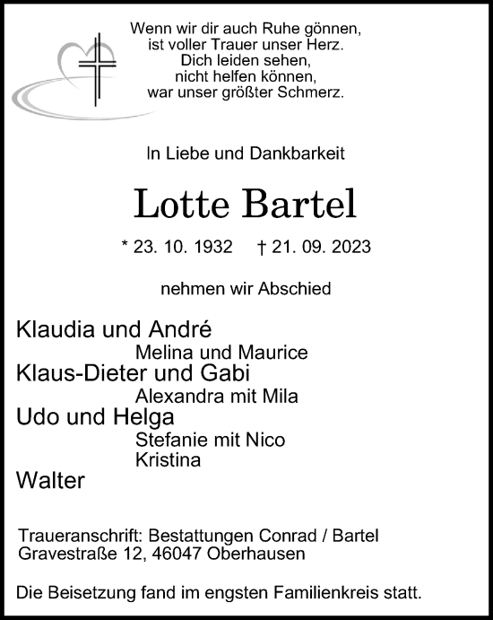 Traueranzeige von Lotte Bartel von Tageszeitung