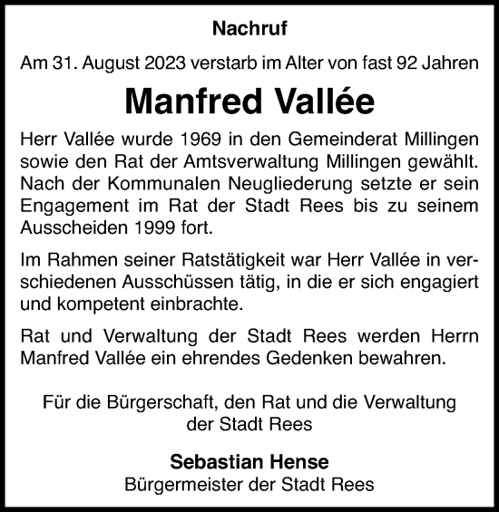 Traueranzeige von Manfred Vallee von Tageszeitung