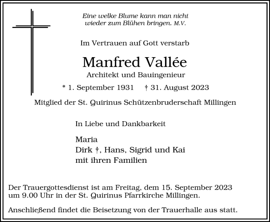Traueranzeige von Manfred Vallee von Tageszeitung