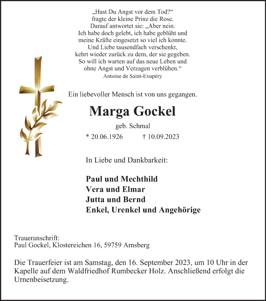 Traueranzeige für Marga Gockel vom 15.09.2023 aus Tageszeitung