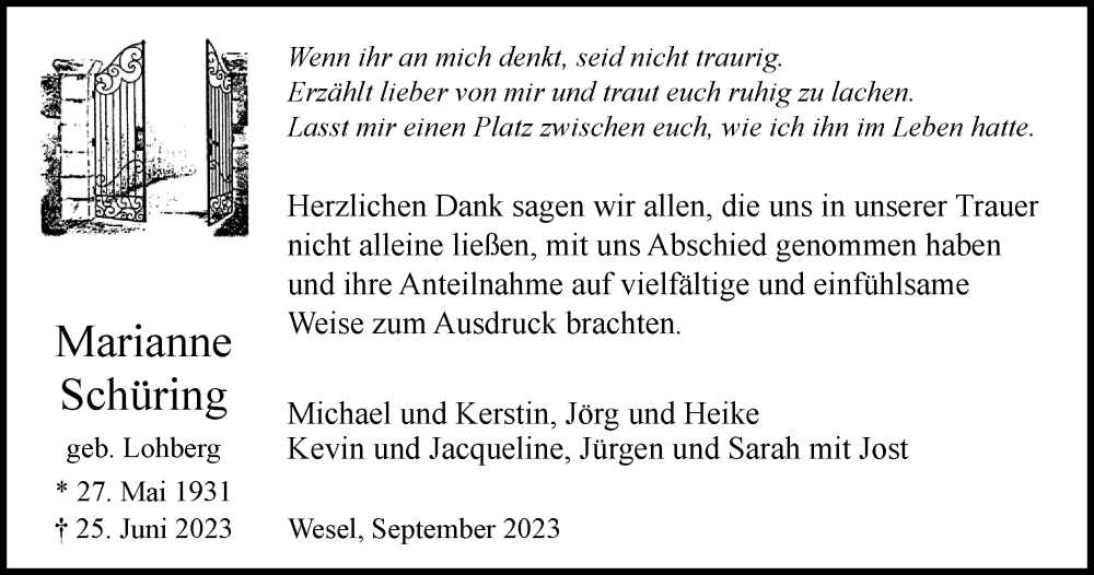  Traueranzeige für Marianne Schüring vom 02.09.2023 aus Tageszeitung