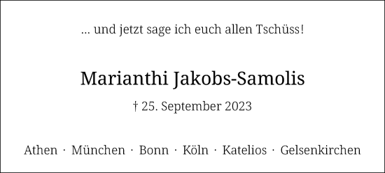 Traueranzeige von Marianthi Jakobs-Samolis von Tageszeitung