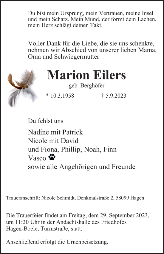 Traueranzeige von Marion Eilers von Tageszeitung