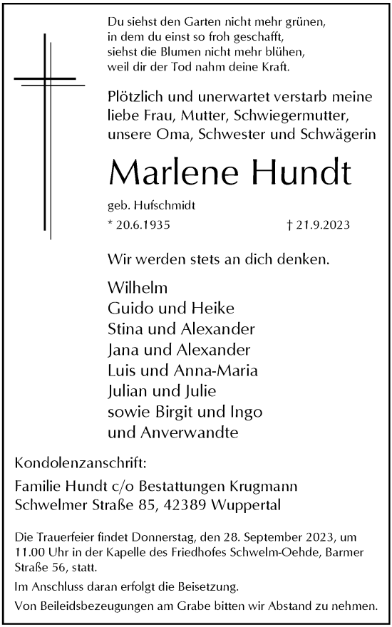 Traueranzeige von Marlene Hundt von Tageszeitung