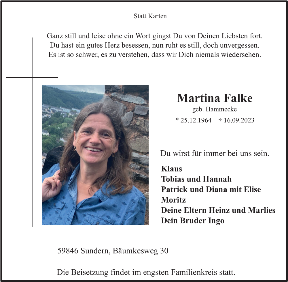  Traueranzeige für Martina Falke vom 21.09.2023 aus Tageszeitung