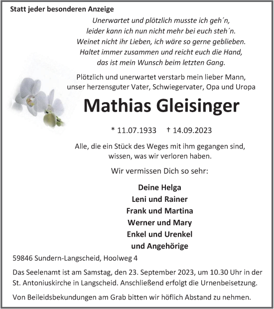 Traueranzeige von Mathias Gleisinger von Tageszeitung