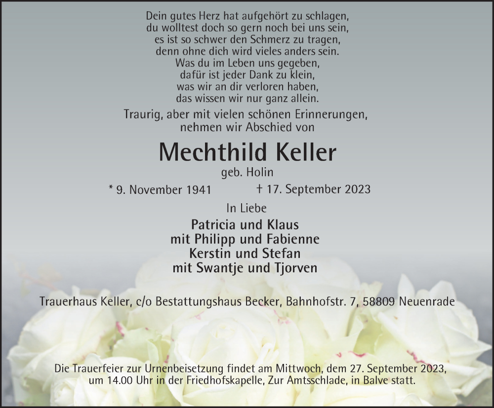  Traueranzeige für Mechthild Keller vom 23.09.2023 aus Tageszeitung