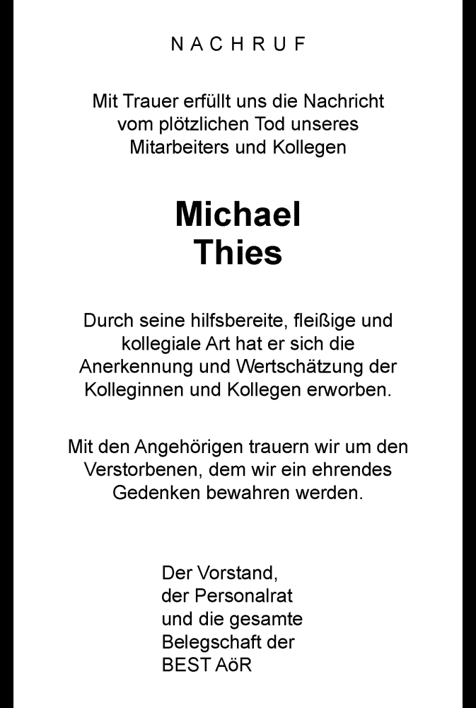  Traueranzeige für Michael Thies vom 23.09.2023 aus Tageszeitung
