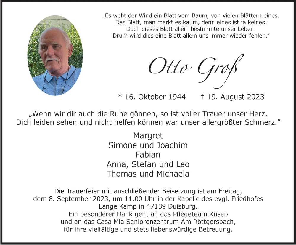  Traueranzeige für Otto Groß vom 02.09.2023 aus Tageszeitung