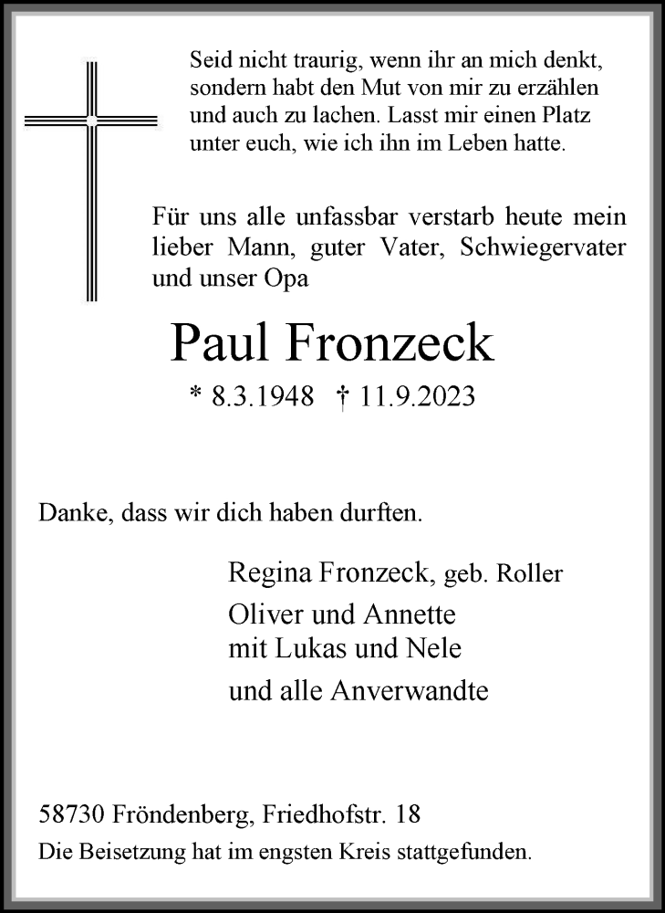  Traueranzeige für Paul Fronzeck vom 23.09.2023 aus Tageszeitung