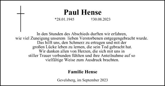 Traueranzeige von Paul Hense von Tageszeitung