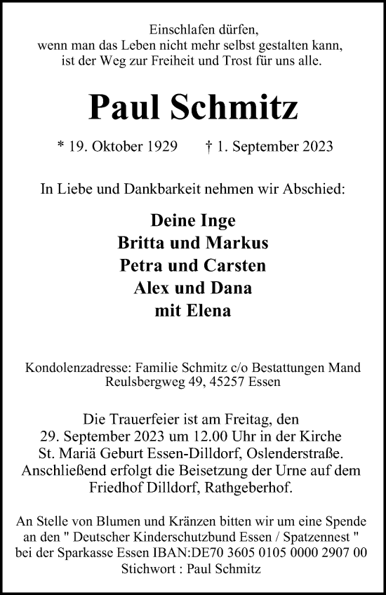 Traueranzeige von Paul Schmitz von Tageszeitung