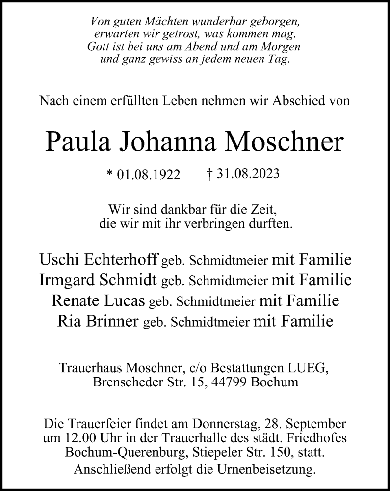  Traueranzeige für Paula Johanna Moschner vom 16.09.2023 aus Tageszeitung