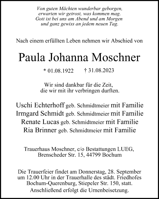 Traueranzeige von Paula Johanna Moschner von Tageszeitung