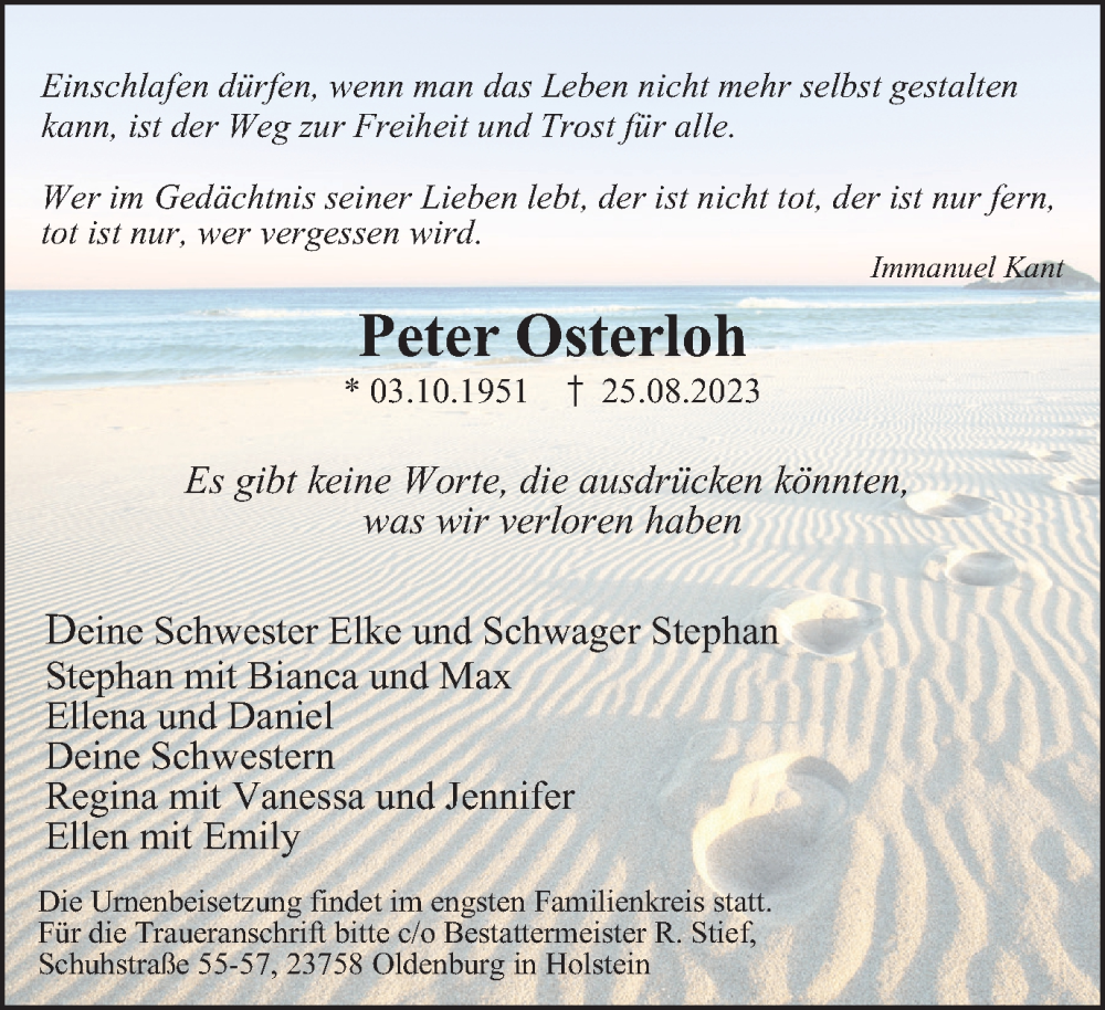  Traueranzeige für Peter Osterloh vom 16.09.2023 aus Tageszeitung