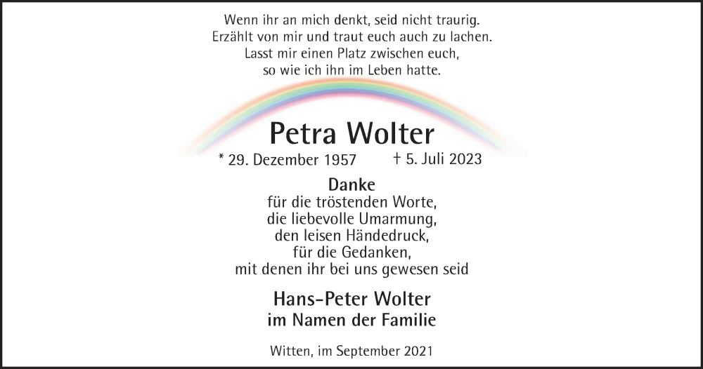  Traueranzeige für Petra Wolter vom 16.09.2023 aus Tageszeitung