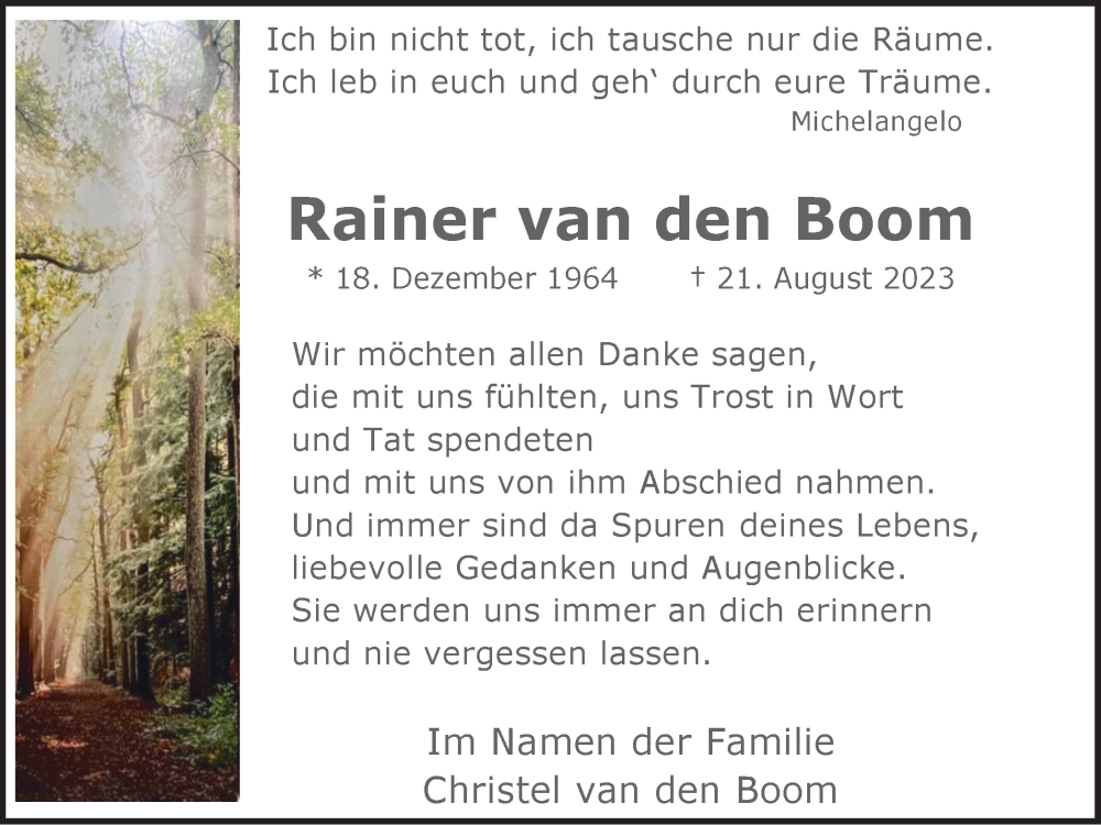  Traueranzeige für Rainer van den Boom vom 23.09.2023 aus Tageszeitung