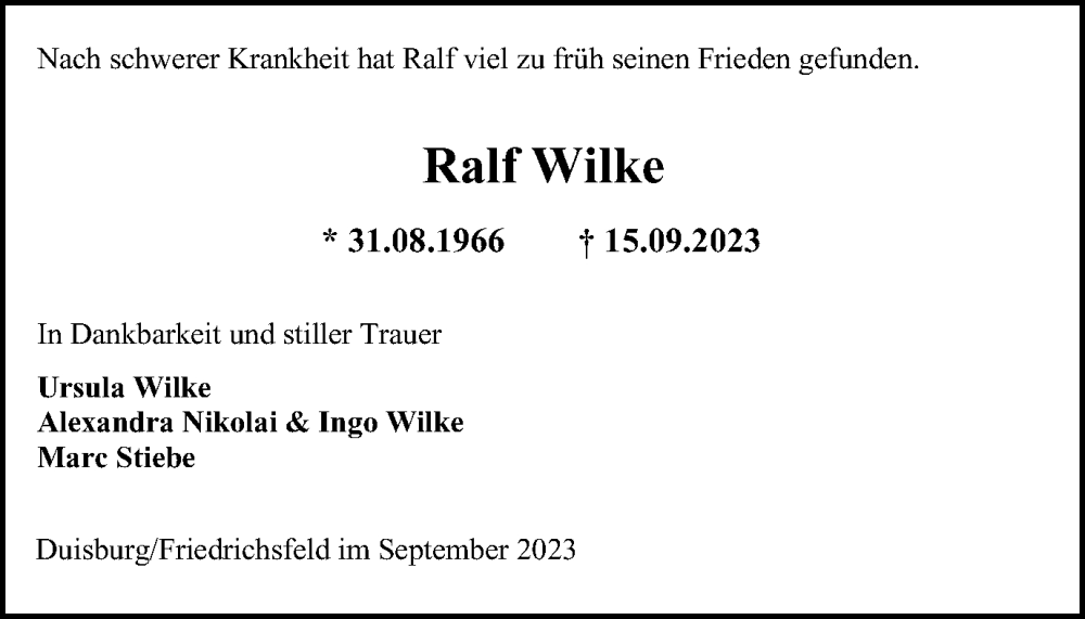  Traueranzeige für Ralf Wilke vom 20.09.2023 aus Tageszeitung