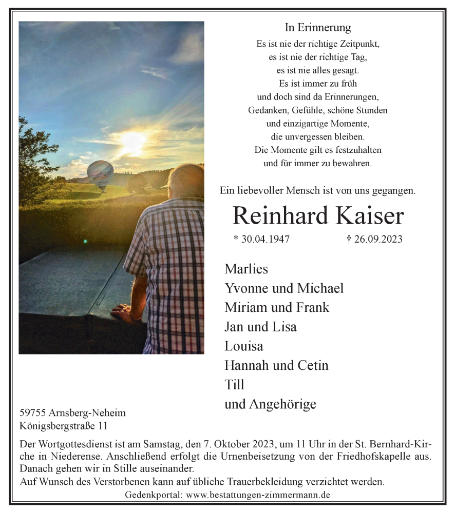  Traueranzeige für Reinhard Kaiser vom 30.09.2023 aus Tageszeitung