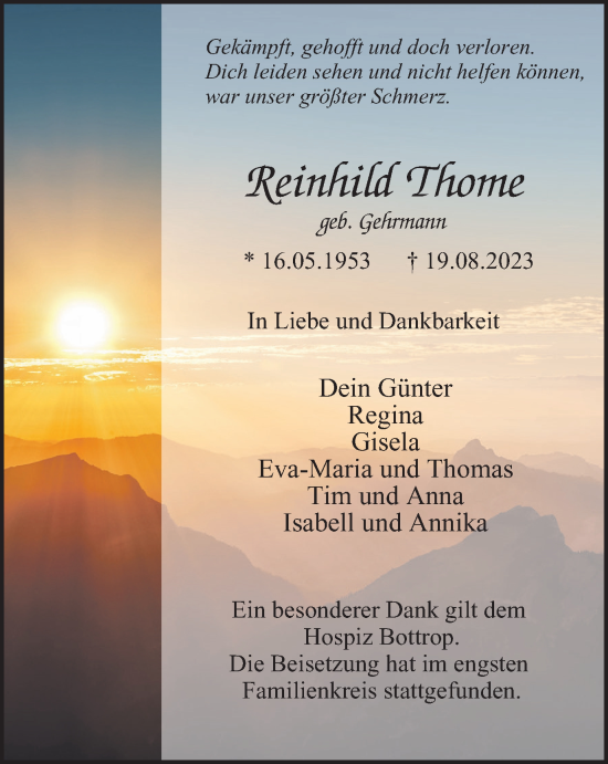 Traueranzeige von Reinhild Thome von Tageszeitung