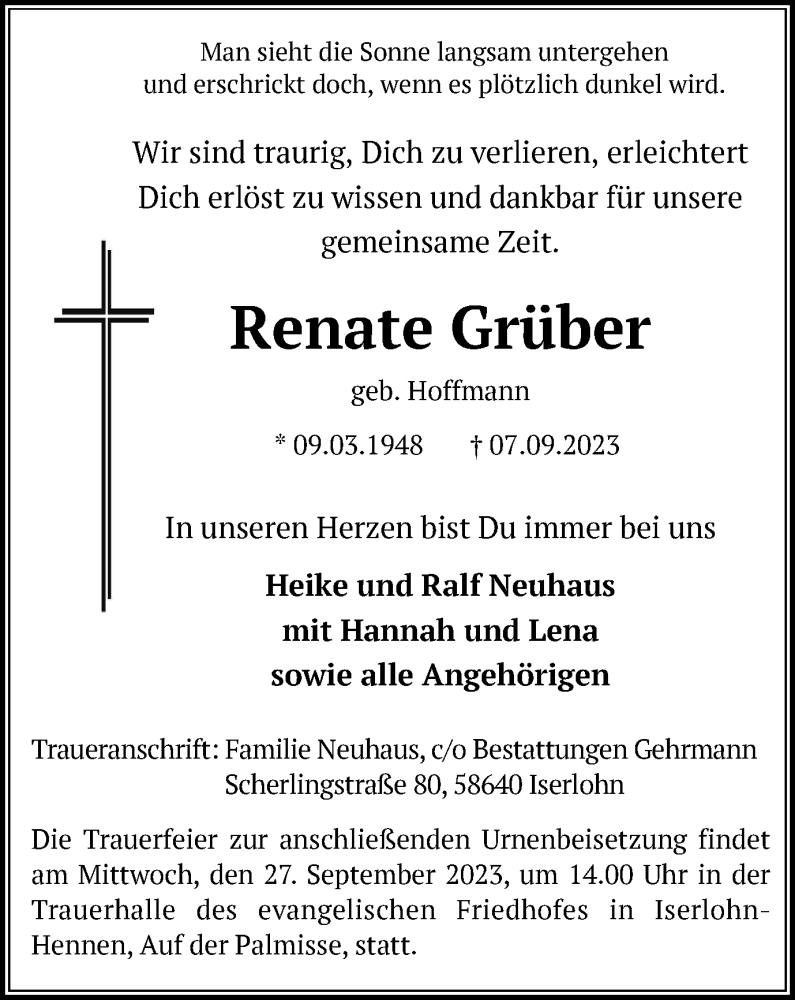  Traueranzeige für Renate Grüber vom 16.09.2023 aus Tageszeitung