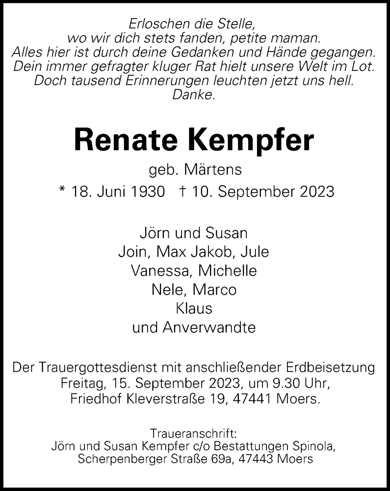  Traueranzeige für Renate Kempfer vom 14.09.2023 aus Tageszeitung