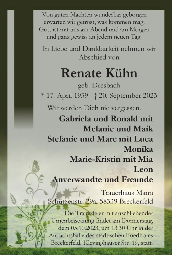 Traueranzeige von Renate Kühn von Tageszeitung