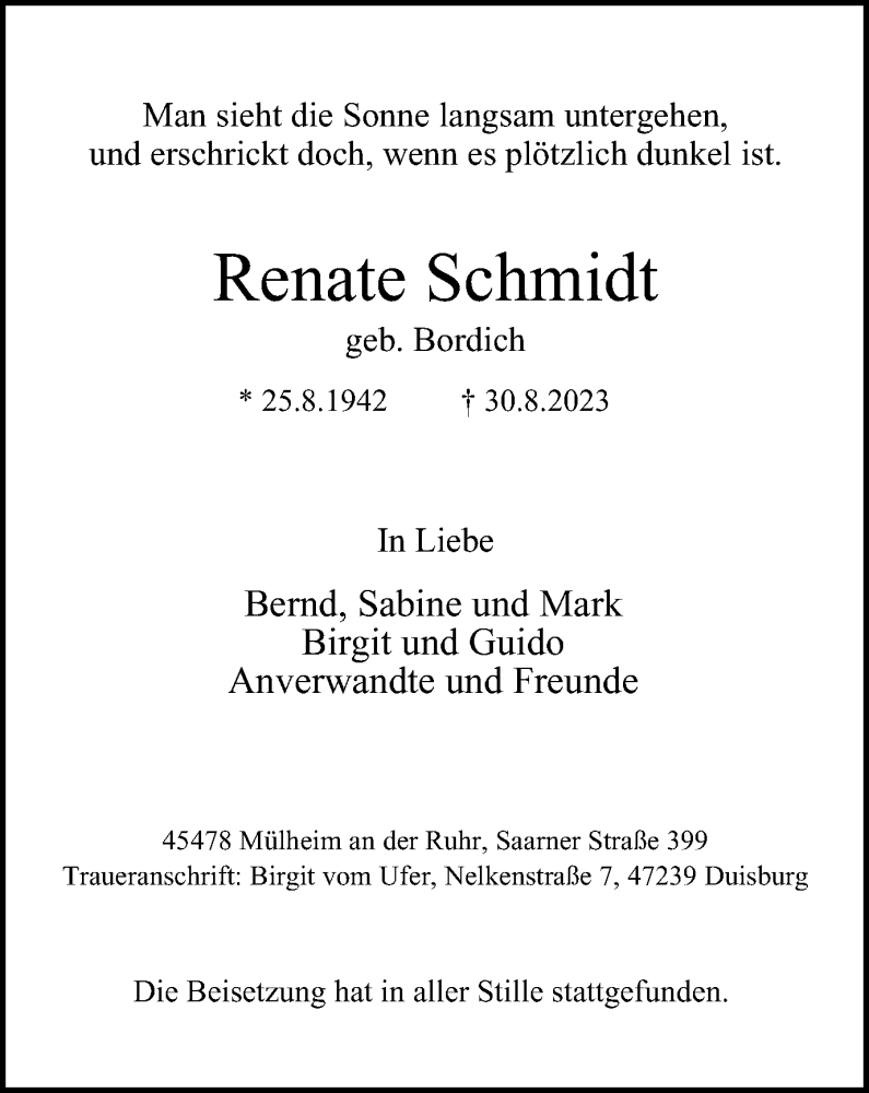  Traueranzeige für Renate Schmidt vom 30.09.2023 aus Tageszeitung