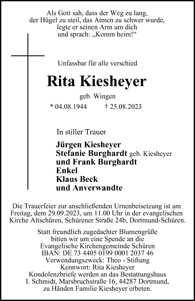  Traueranzeige für Rita Kiesheyer vom 23.09.2023 aus Tageszeitung