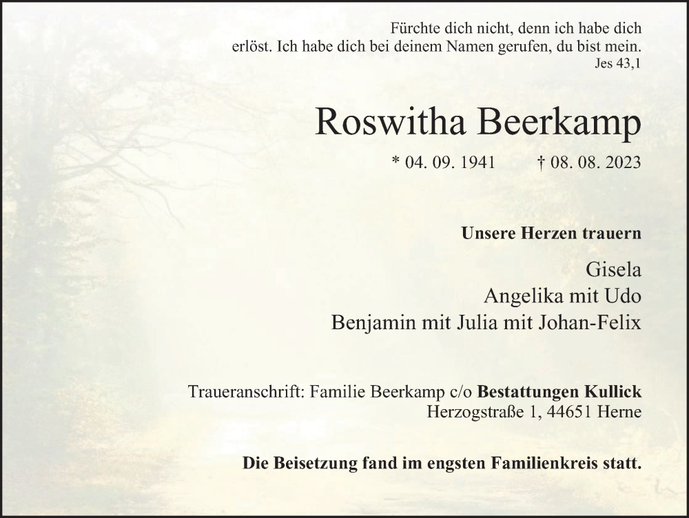  Traueranzeige für Roswitha Beerkamp vom 02.09.2023 aus Tageszeitung