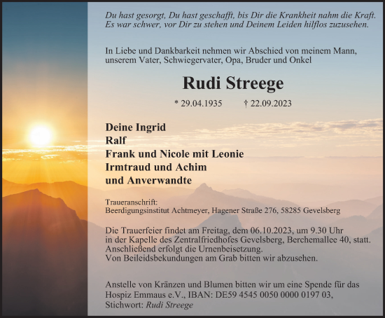 Traueranzeige von Rudi Streege von Tageszeitung