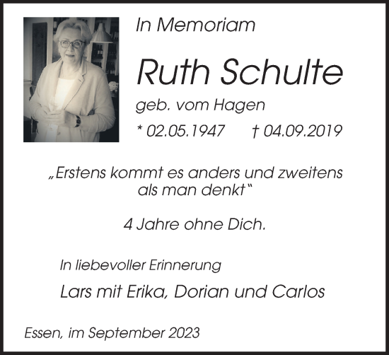 Traueranzeige von Ruth Schulte von Tageszeitung