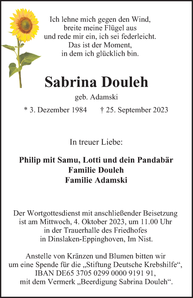  Traueranzeige für Sabrina Douleh vom 30.09.2023 aus Tageszeitung