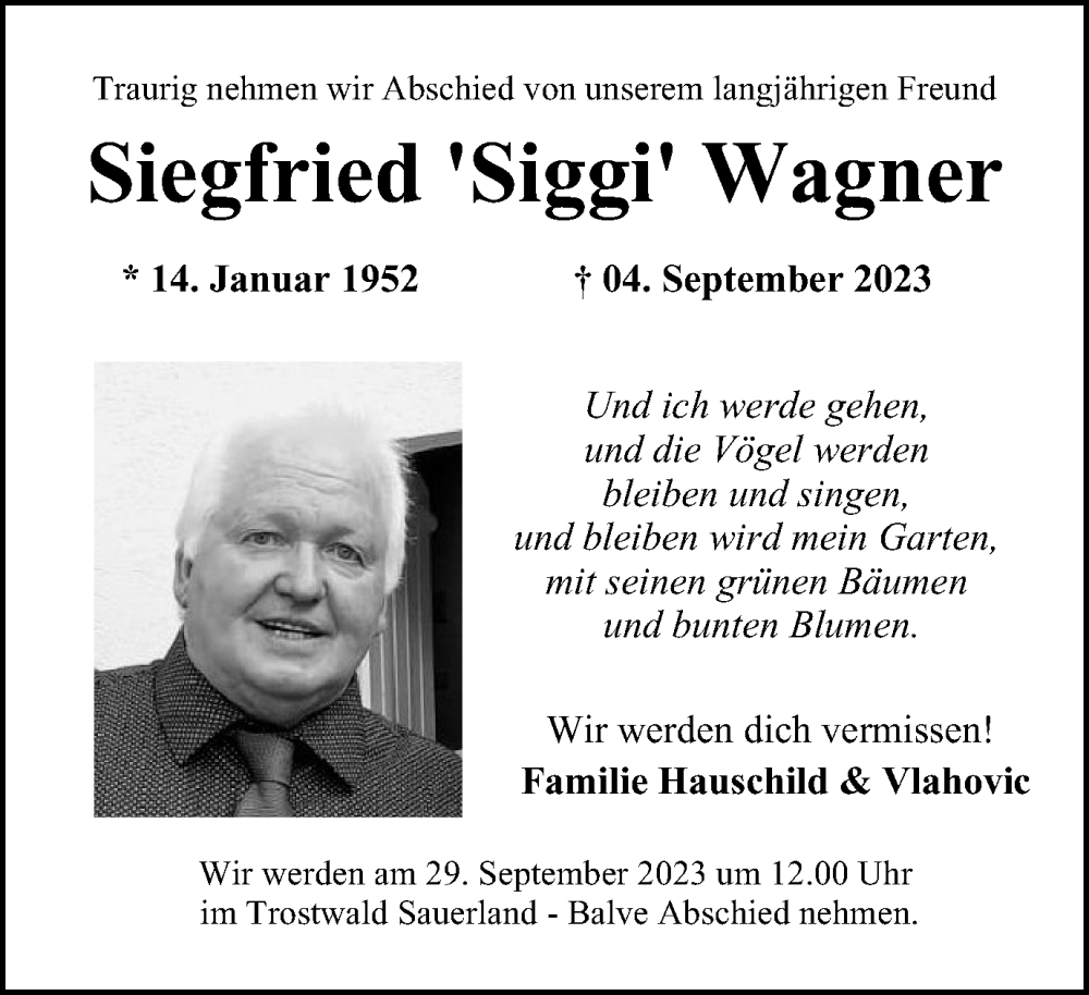  Traueranzeige für Siegfried  Wagner vom 09.09.2023 aus Tageszeitung