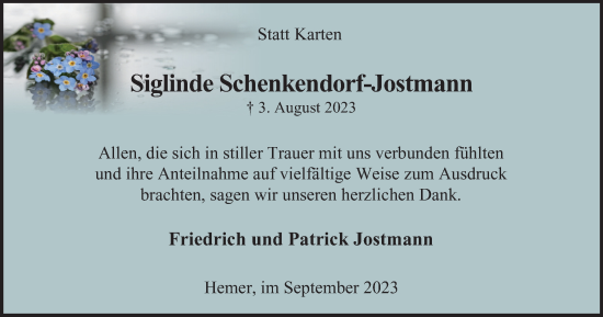 Traueranzeige von Siglinde Schenkendorf-Jostmann von Tageszeitung