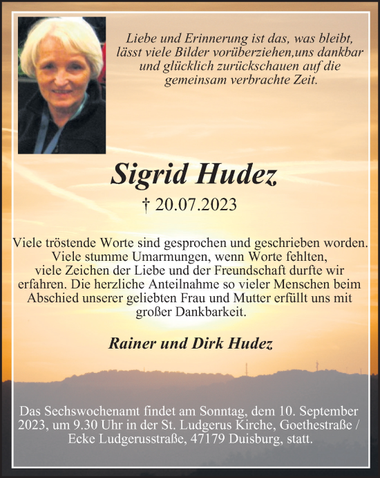 Traueranzeige von Sigrid Hudez von Tageszeitung