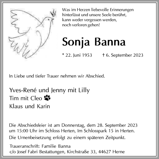 Traueranzeige von Sonja Banna von Tageszeitung