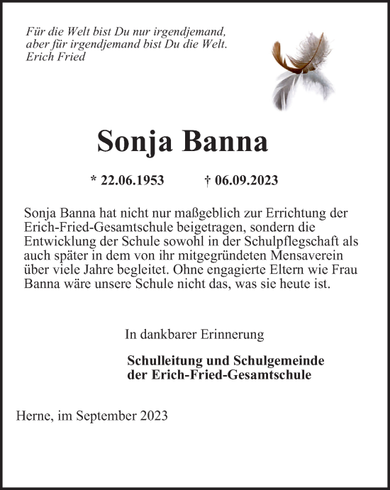 Traueranzeige von Sonja Banna von Tageszeitung