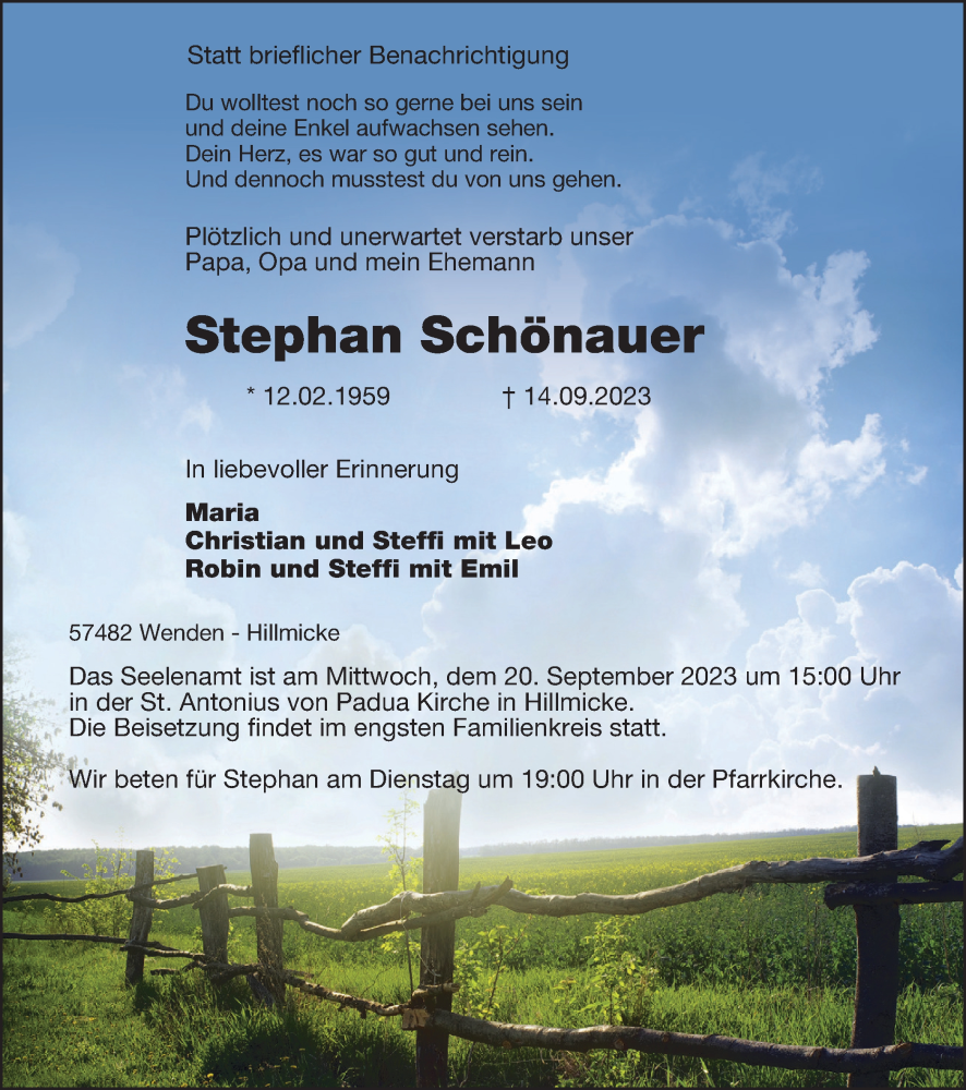  Traueranzeige für Stephan Schönauer vom 18.09.2023 aus Tageszeitung