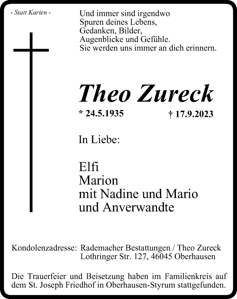  Traueranzeige für Theo Zureck vom 23.09.2023 aus Tageszeitung