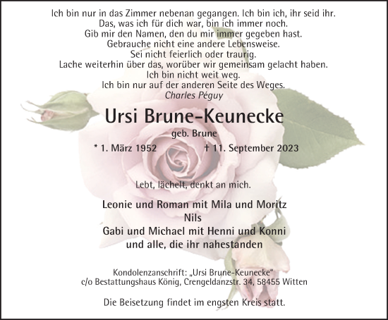 Traueranzeige von Ursi Brune-Keunecke von Tageszeitung