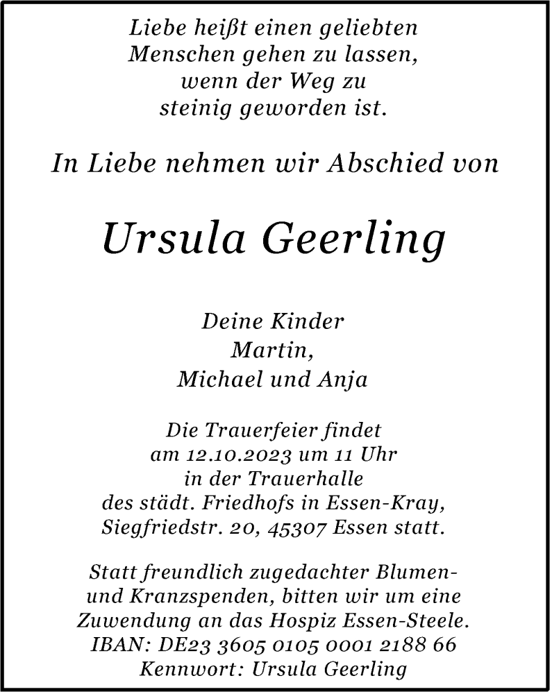 Traueranzeigen Von Ursula Geerling | Trauer-in-NRW.de