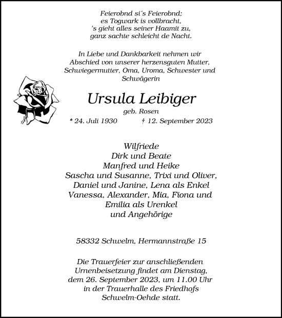 Traueranzeige von Ursula Leibiger von Tageszeitung