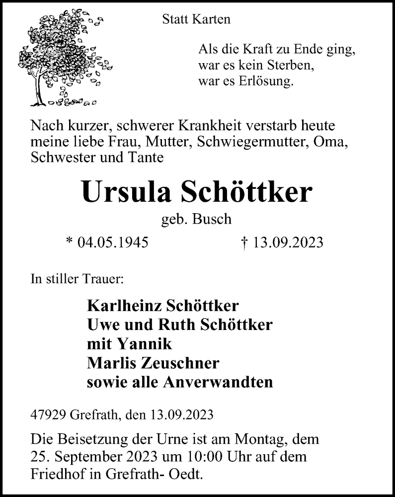  Traueranzeige für Ursula Schöttker vom 23.09.2023 aus Tageszeitung