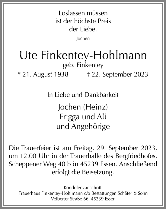 Traueranzeige von Ute Finkentey-Hohlmann von Tageszeitung