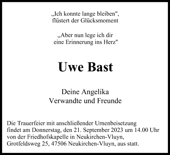 Traueranzeige von Uwe Bast von Tageszeitung