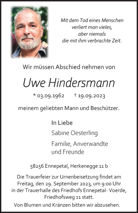Traueranzeige von Uwe Hindersmann von Tageszeitung
