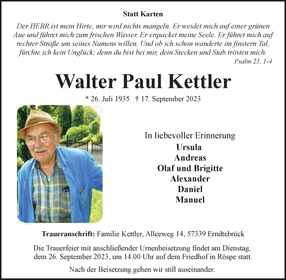 Traueranzeige für Walter Paul Kettler vom 23.09.2023 aus Tageszeitung